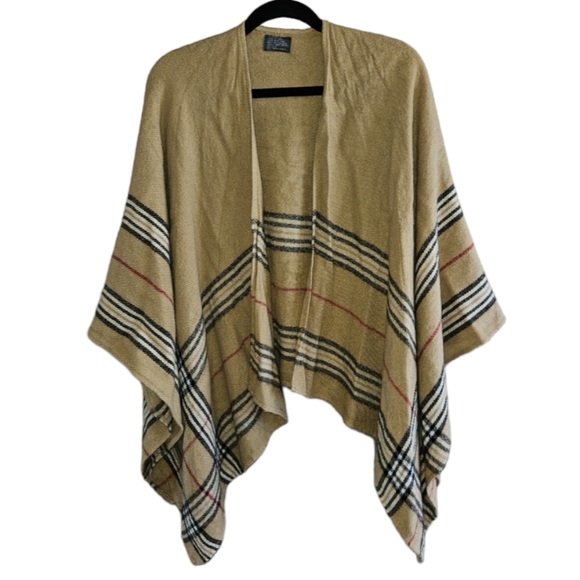 unknown Sweaters - Poncho Blanket Scarf Tan Black Red Plaid One Size Women's Fall Accessory Sweater